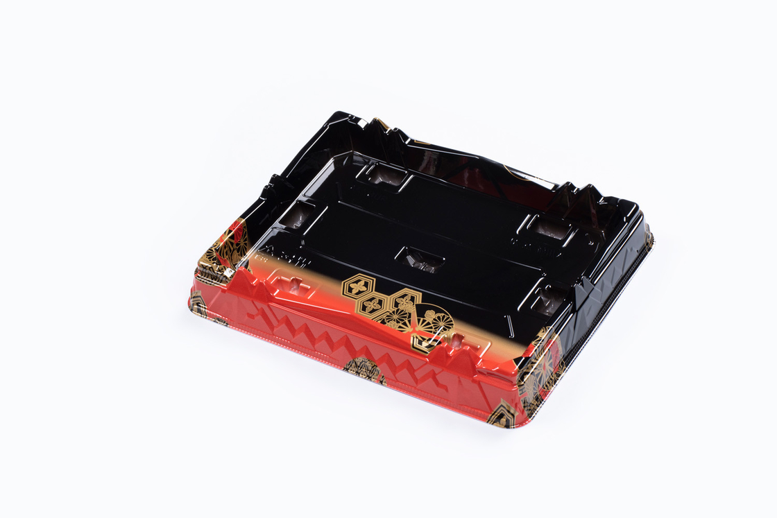 Caja de sushi desechable de color rojo negro con tapa transparente Envasador de sushi para llevar en la bandeja de tarta de frutas Contenedor de postres