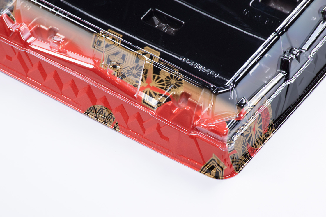 Caja de sushi desechable de color rojo negro con tapa transparente Envasador de sushi para llevar en la bandeja de tarta de frutas Contenedor de postres