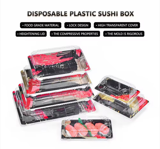 Contenedor de sushi para llevar Cajas de embalaje de alimentos de plástico bandejas con tapa caja de contenedores de sushi