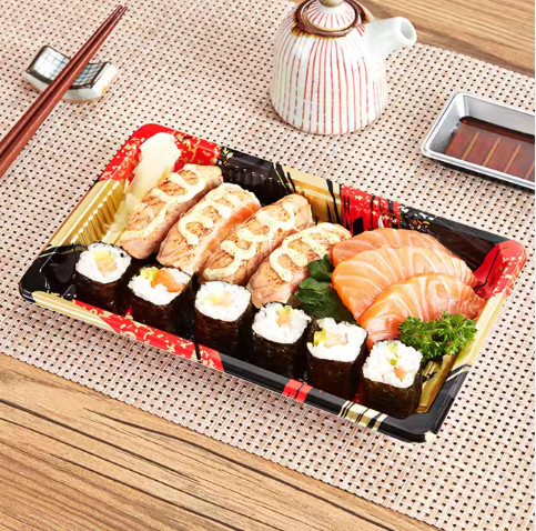 Contenedor de sushi para llevar Cajas de embalaje de alimentos de plástico bandejas con tapa caja de contenedores de sushi