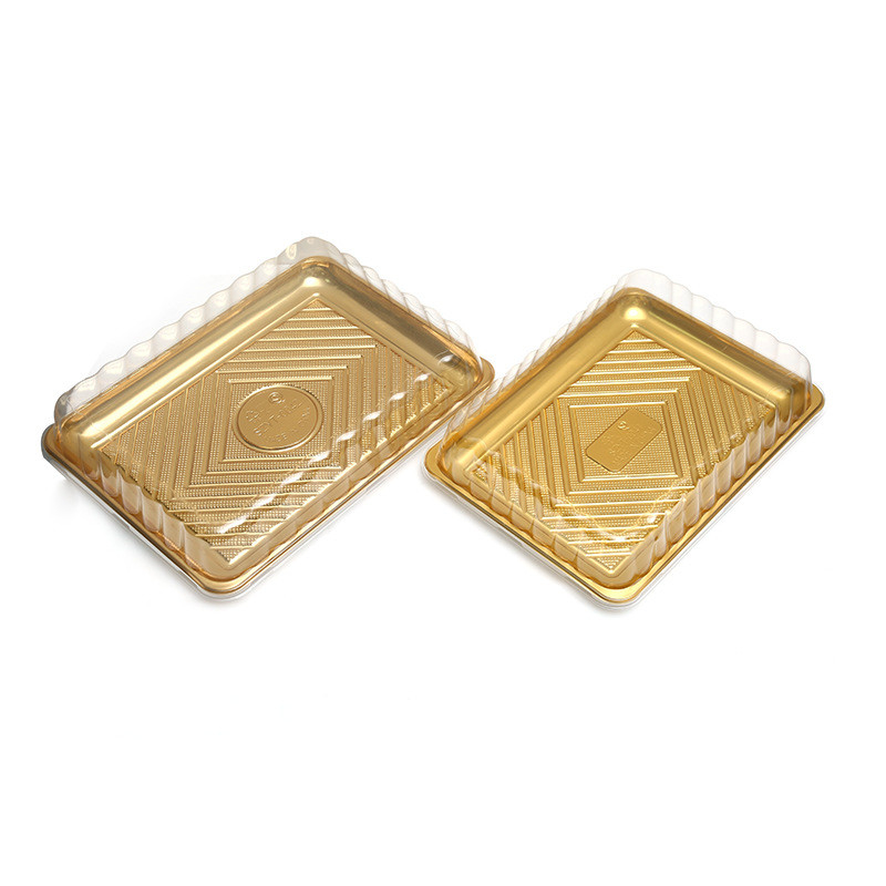 Stock de hojas de oro de gran capacidad rectángulo de plástico desechable bandeja de sushi para la fiesta