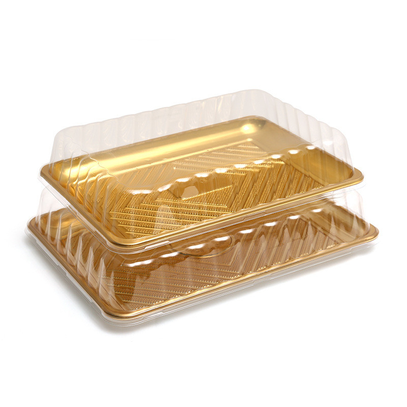 Stock de hojas de oro de gran capacidad rectángulo de plástico desechable bandeja de sushi para la fiesta
