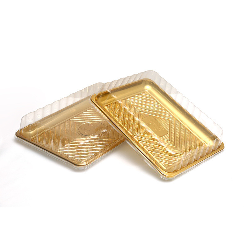 Stock de hojas de oro de gran capacidad rectángulo de plástico desechable bandeja de sushi para la fiesta