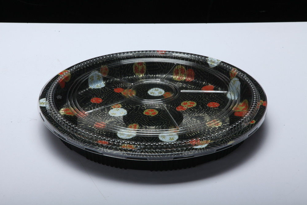 La caja plástica disponible de la bandeja, bandeja redonda del sushi, se lleva la bandeja de la comida