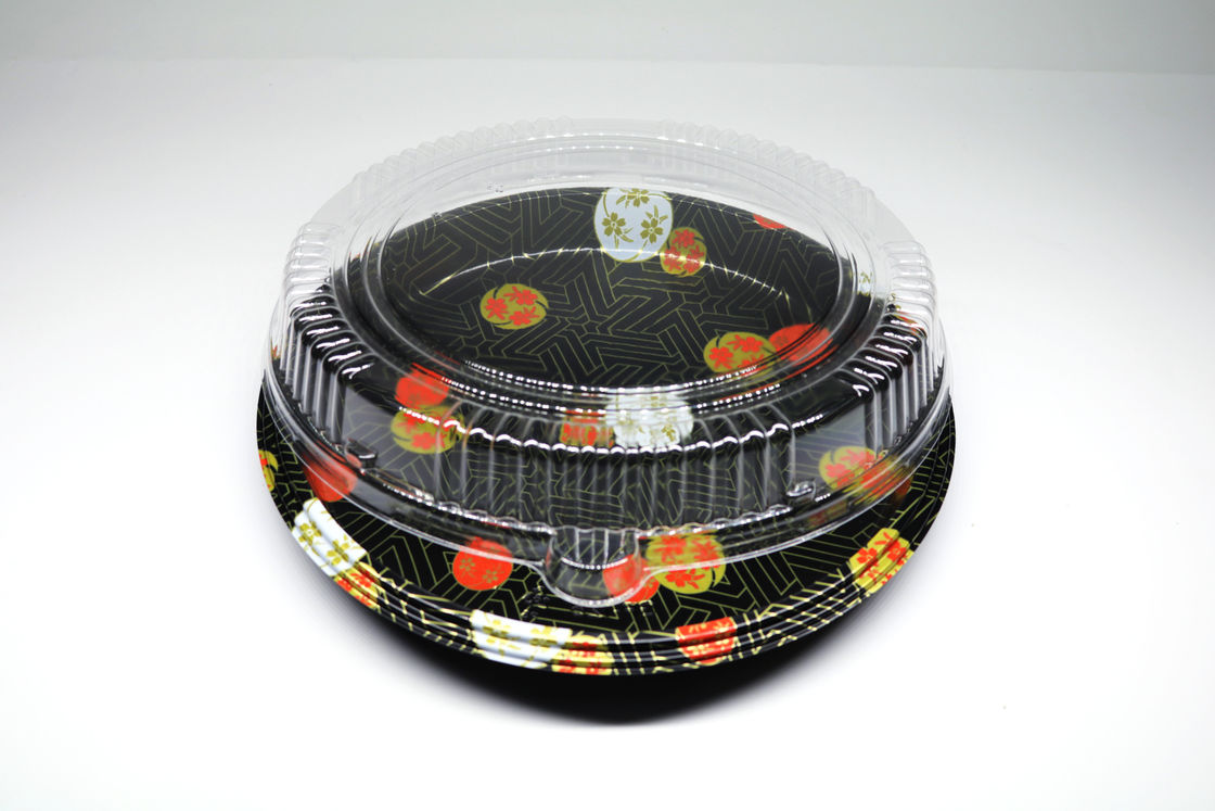 La caja plástica disponible de la bandeja, bandeja redonda del sushi, se lleva la bandeja de la comida