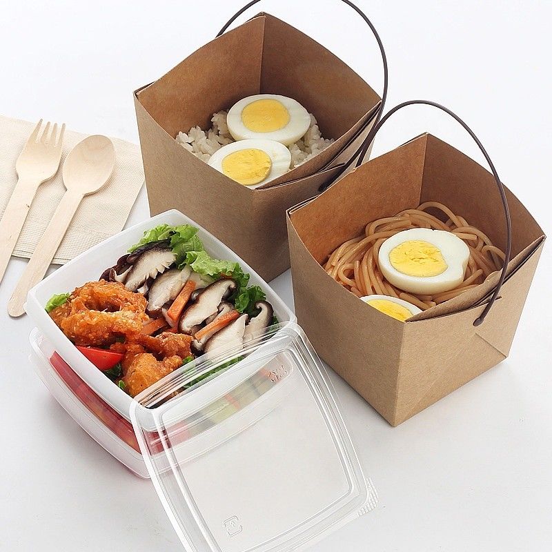 Recicle el papel de Kraft se llevan la caja de empaquetado de los tallarines del almuerzo con Tray And Handle